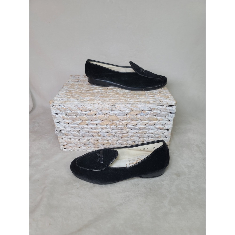 Belgian Midinette Black Velvet Loafers Luxe Flats Bow Made in Belgium Womens 4.5